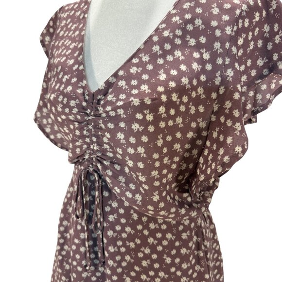 NWOT Size M Mauve Floral Print Dress, Ruched Drawstring Waist, Flutter Sleeves - Picture 2 of 4